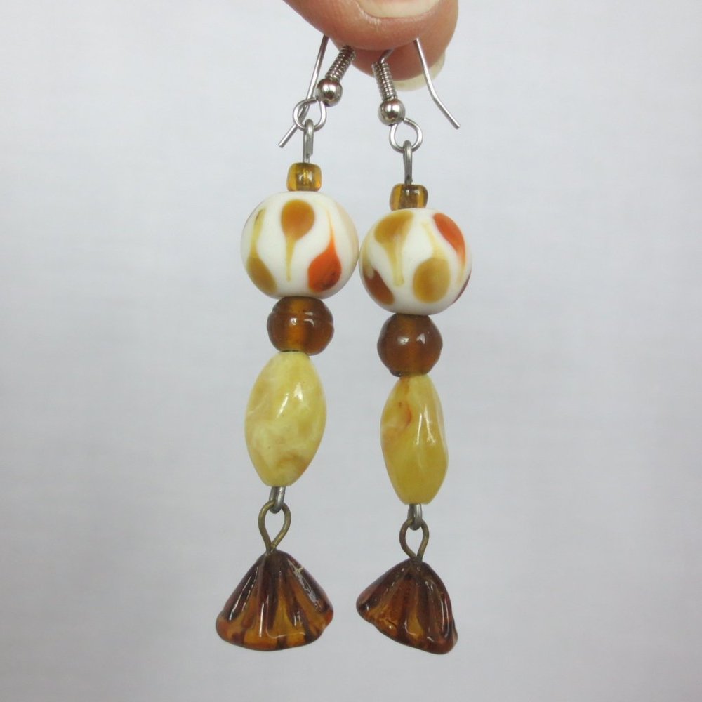New Brown & Amber Glass Floral Dangle Earrings